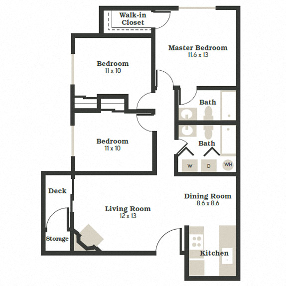 Floor plan for 3 beds, 2 baths, 1040 sqft